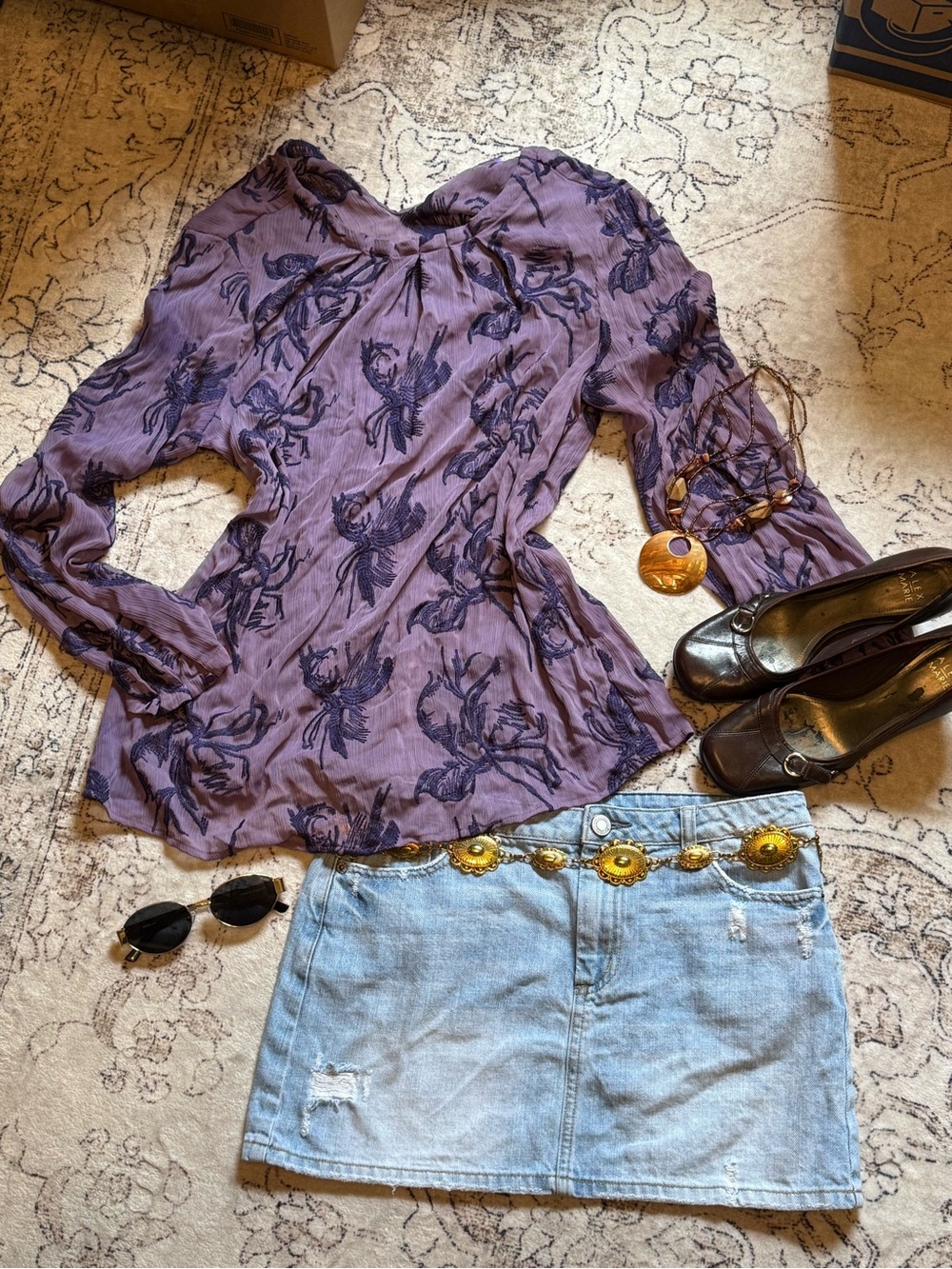 Chico's Purple Floral Sheer Long-Sleeve Blouse